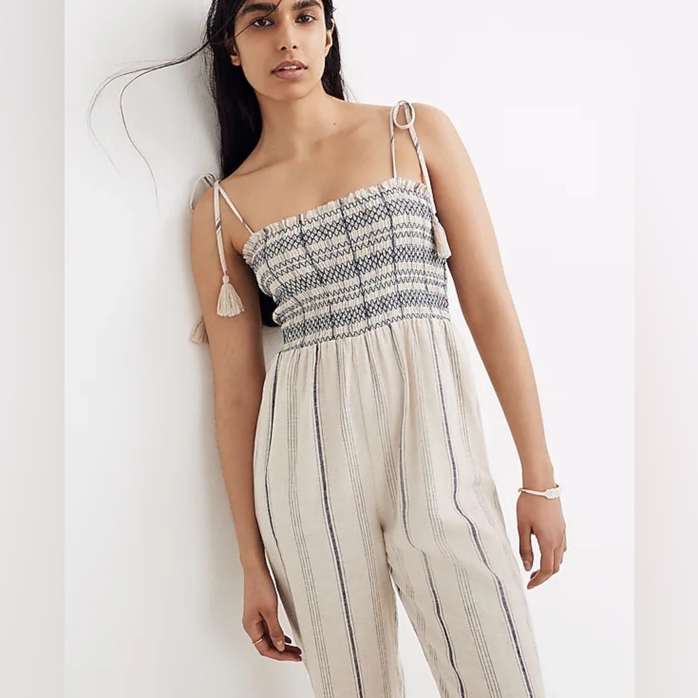 Smocked Stripe Jumpsuit with Tie Straps - Cream & Navy